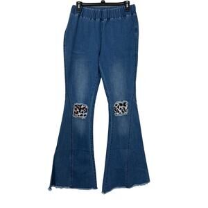 Tracies Leopard Patch Flare Jeans L Bell Bottom Pull On Stretch Denim Boho